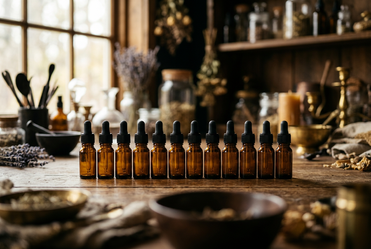 Row of amber dropper bottles in warm light