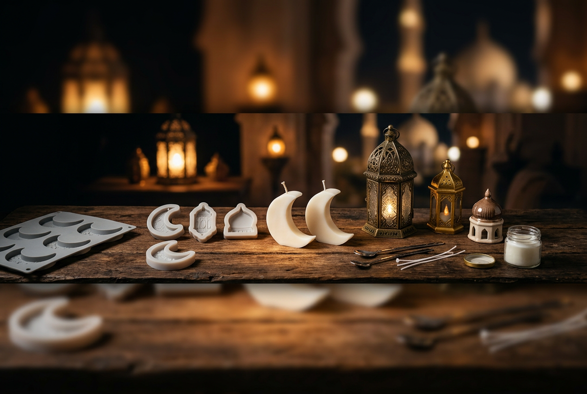 Crescent, lantern and mosque silicone molds with white crescent candles