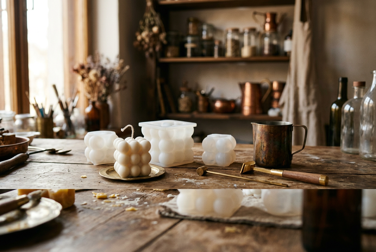 Bubble candles and molds with a brass pitcher