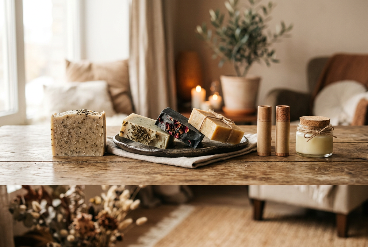 Handmade soaps, lip balms and cream jar in a spa living room