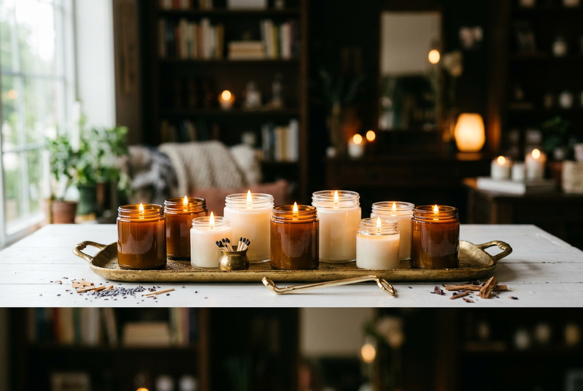 Lit candles on a gold tray in a cozy interior, banner composition