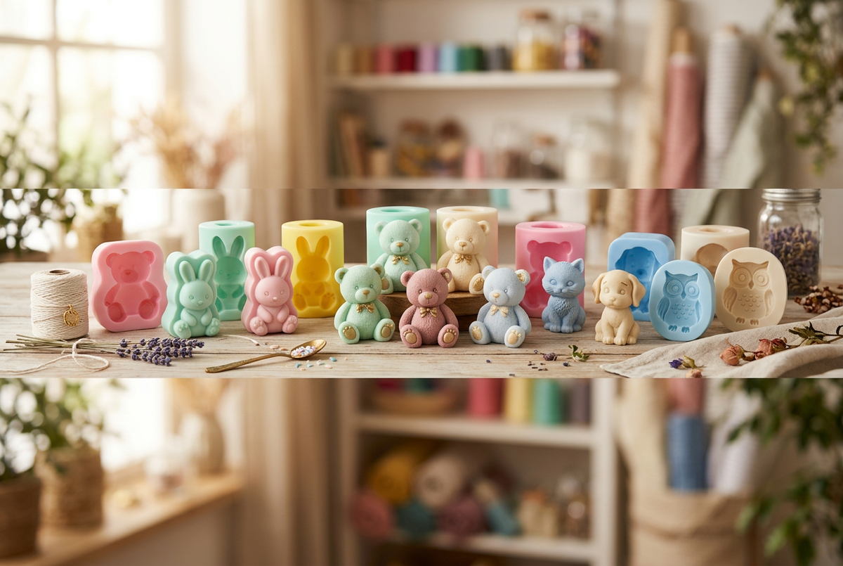 Pastel animal molds and soap bears in a bright atelier