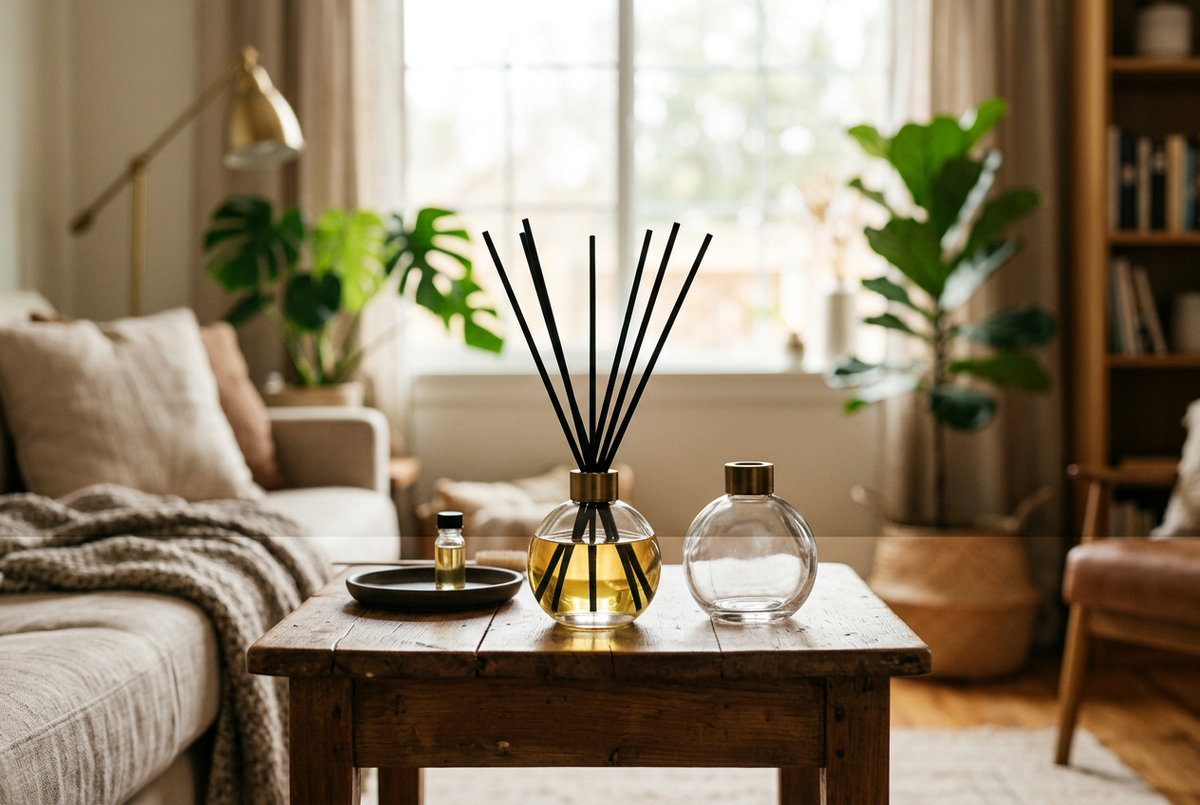 Black-reed diffuser and empty vessel in a soft living room