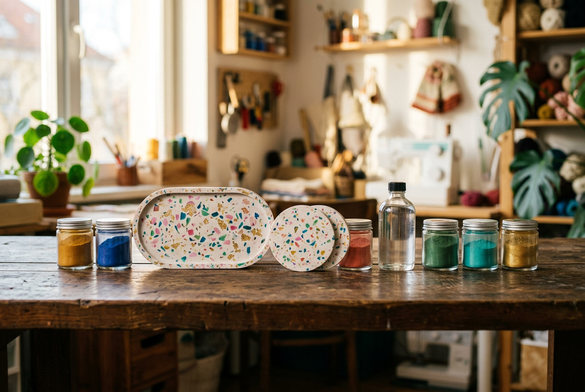 Terrazzo tray and coasters with pigment jars in an atelier