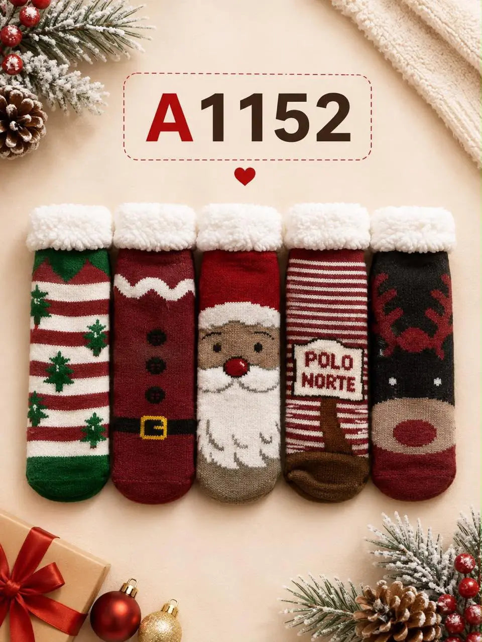 Christmas fuzzy socks with Santa and reindeer designs - Cubicle LB