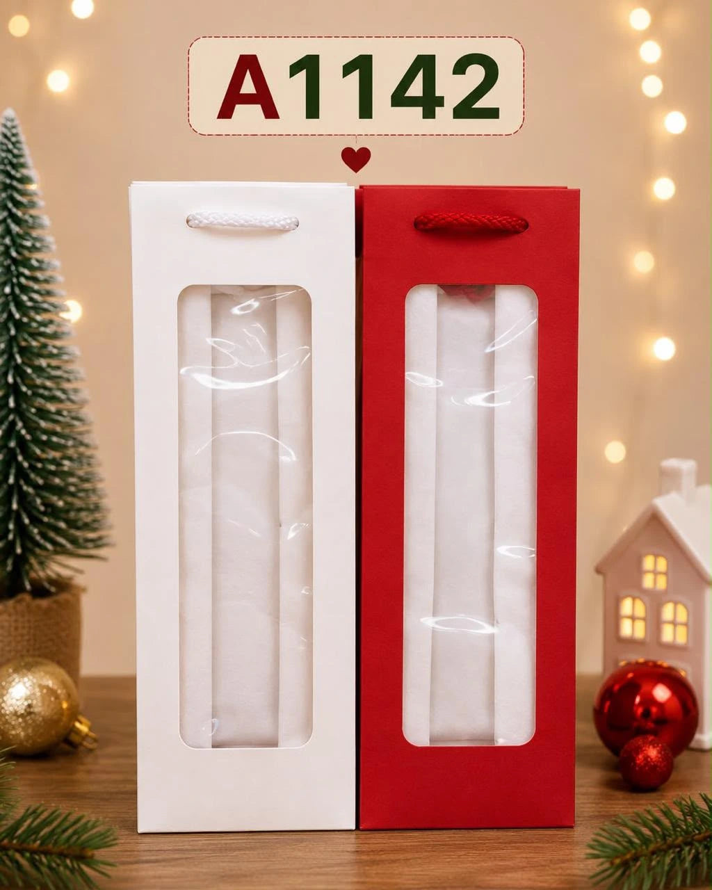 Christmas wine gift bag with window in white and red - Cubicle LB