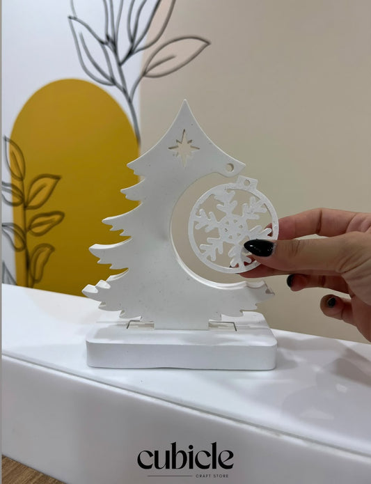 Christmas Concrete Tree, white flat tree with a hanging snowflake ornament