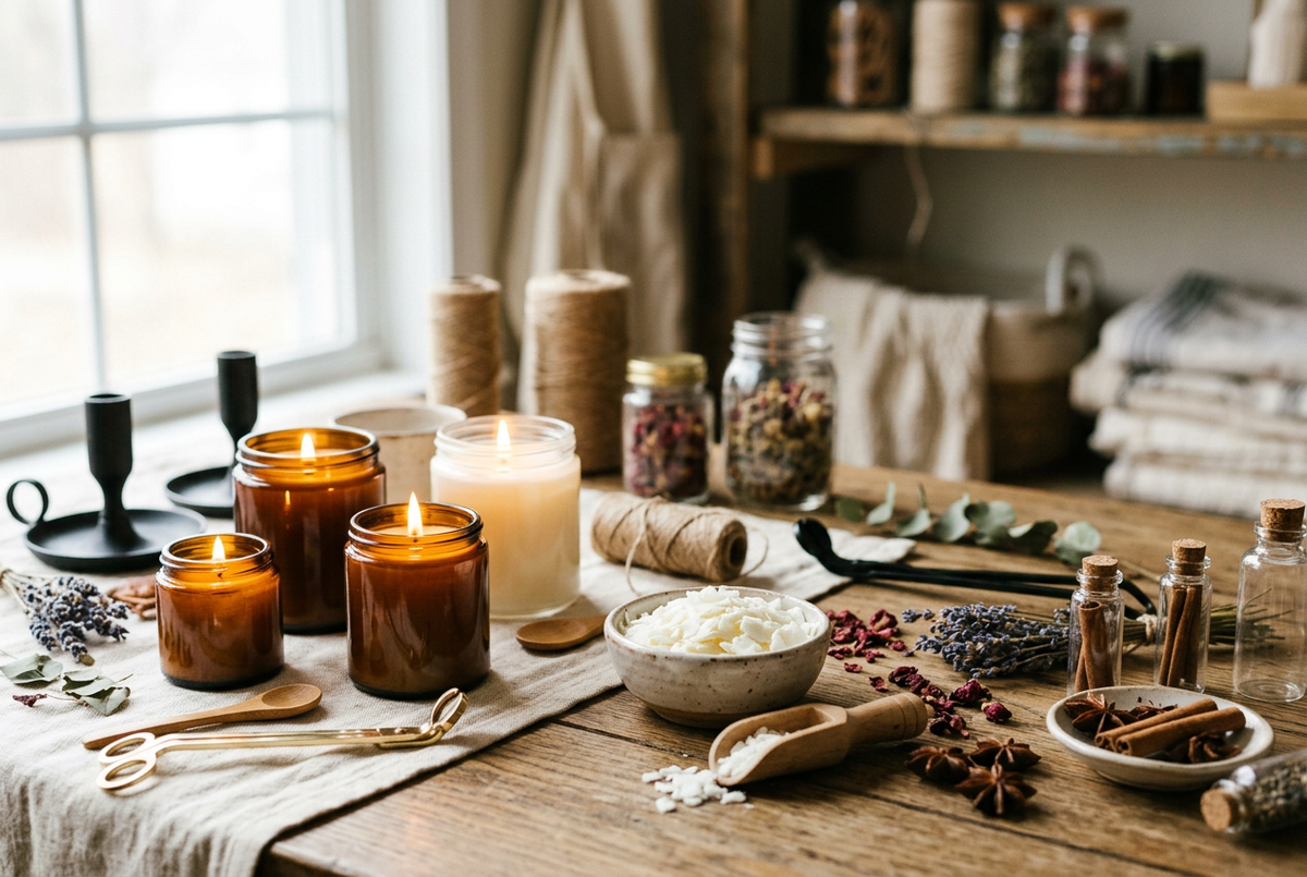 Lit amber candles, soy wax bowl and botanicals in a warm atelier scene