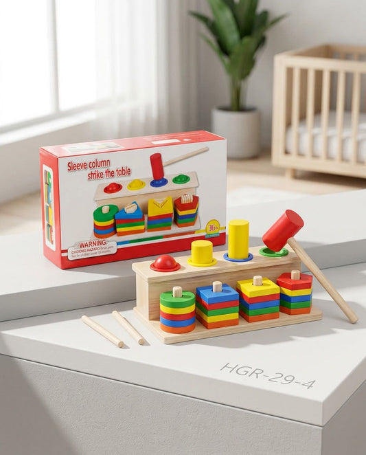 Wooden Sleeve Column Strike the Table, wooden pounding bench with mallet and stacking shapes